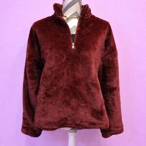 Burgundy faux fur half zip